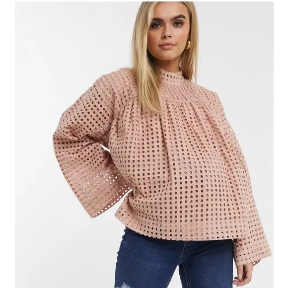 Asos Womens Eyelet Top Blouse Hunter Green Cotton Bell Sleeve Mock US Size 14 - Picture 7 of 8